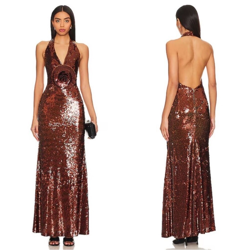 Sequin Halter Backless Evening Gown - Copper
